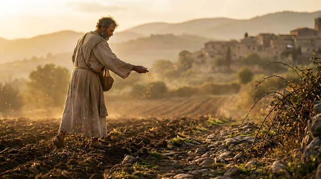 Biblical sower planting seeds in a golden field at sunset with an ancient rustic stone village. Suitable for religious and inspirational designs.