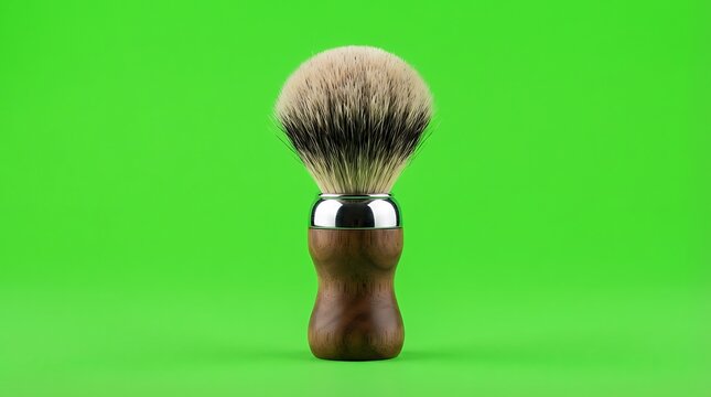Classic wooden handle shaving brush isolated on a vibrant green background
