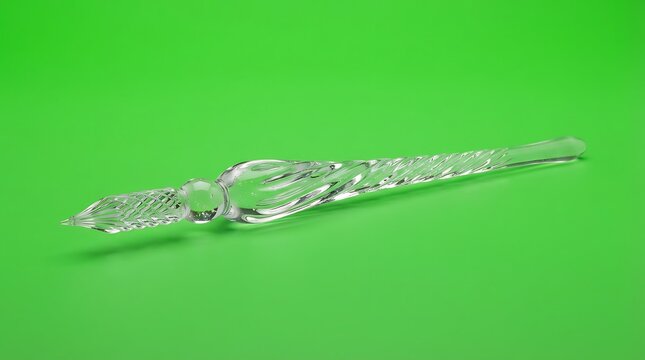 A detailed close up of an elegant clear glass calligraphy dip pen on green