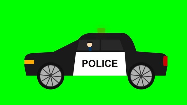 Animated Police Patrol Car Driving Side View on Green Screen Background for Emergency Services Concept