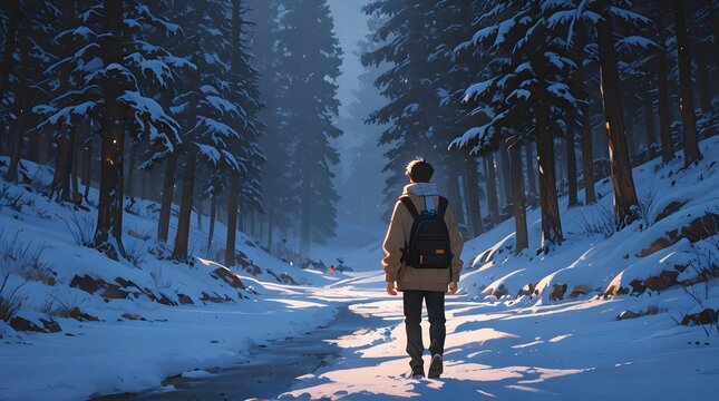 Lone person standing on path in snowy winter forest stock photo