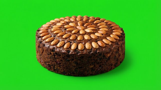 A circular dark chocolate cake topped with almonds on a bright green background