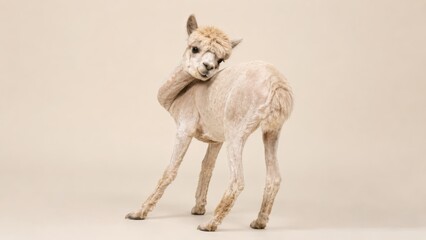 Fototapeta premium light beige alpaca stands on a neutral background, looking back over its shoulder with a curious expression.