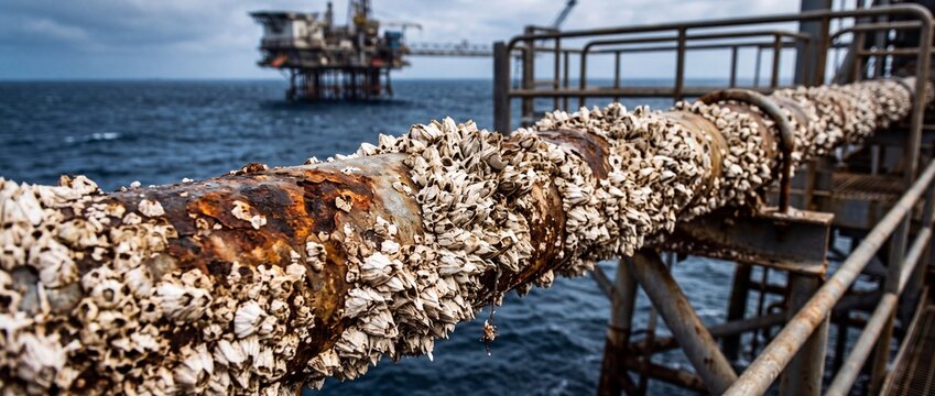 Rusty pipe covered in barnacles on offshore oil rig platform in rough sea