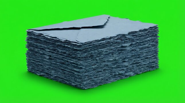 A stacked pile of grey paper envelopes isolated on a vibrant green background