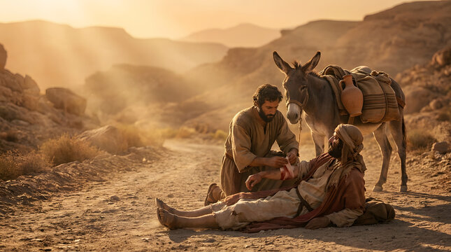 Good samaritan helping injured traveler donkey on dusty desert path under warm sun rays. Suitable for travel or humanitarian concepts.