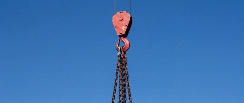 Red heavy duty crane hook with steel chains hanging against clear blue sky representing industrial lifting and logistics transportation