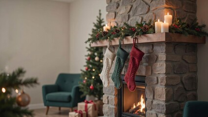 Fototapeta premium Christmas stockings hanging on a stone fireplace with lit candles