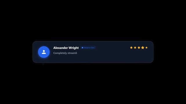 Animated customer review rating speech bubble 5 stars isolated on black 4k loop