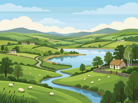 Flat vector illustration of a rural Irish countryside with rolling green meadows, grazing sheep, a winding blue river, calm lake, traditional thatched cottages, and stone walls.