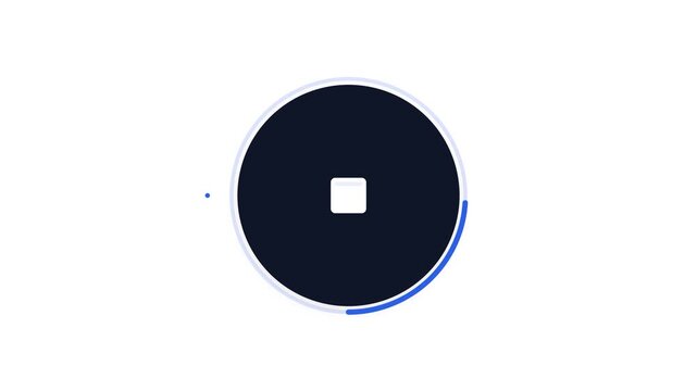 Minimalist circular media stop button icon with blue loading progress ring and clean interface design