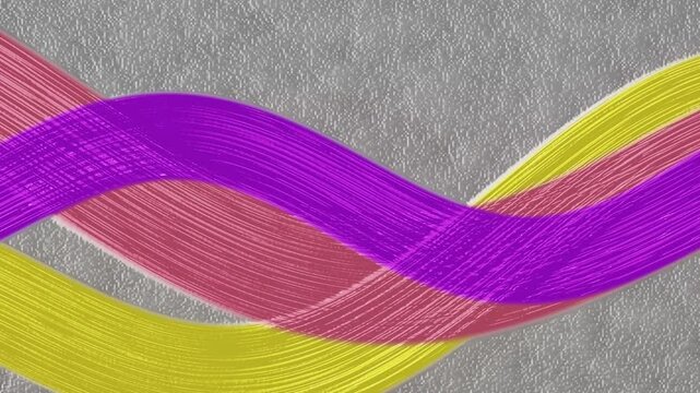 Abstract colorful curved brush stroke lines flowing on gray textured background loop