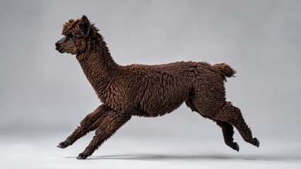Obraz premium brown alpaca with thick, curly wool is captured mid-run against a plain gray background.