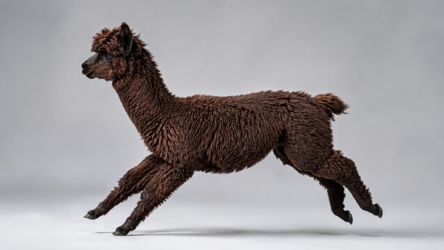 brown alpaca with thick, curly wool is captured mid-run against a plain gray background.