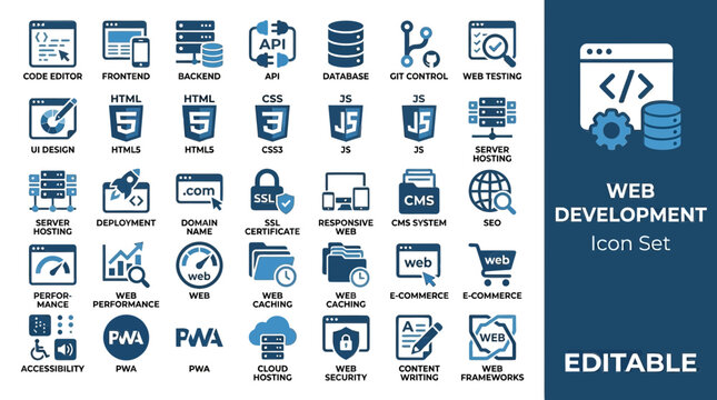 Web development and software programming blue icon set with web design
