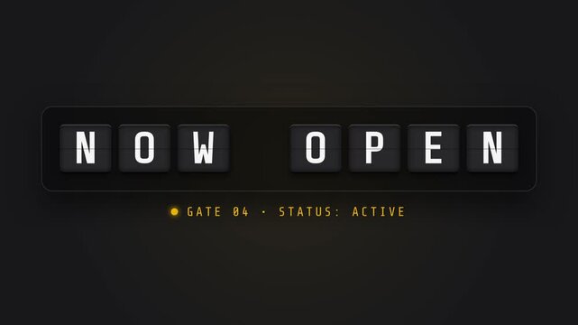 Mechanical Flip Board Displaying Now Open Text In Airport Gate Interface