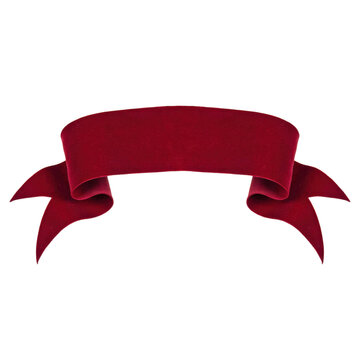 A curved red velvet ribbon banner with folded ends for decorative signage and festive holiday announcements isolated on a transparent background