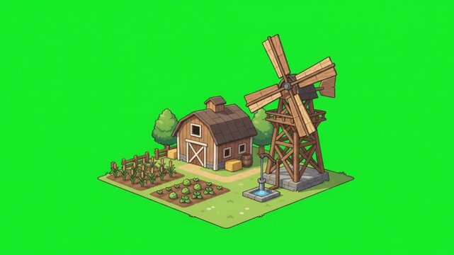 Isometric farm illustration with wooden barn, windmill, and vegetable garden on green screen