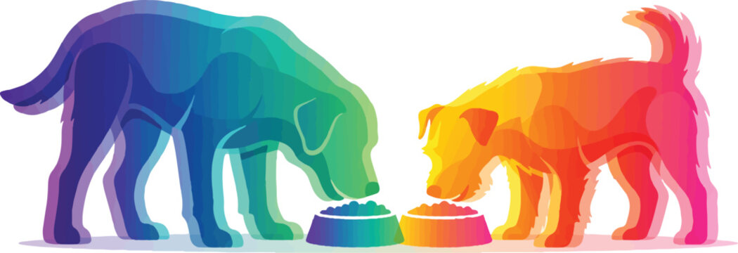 Two dogs, one large and one small, eating from their respective bowls, rendered in a vibrant rainbow gradient.
