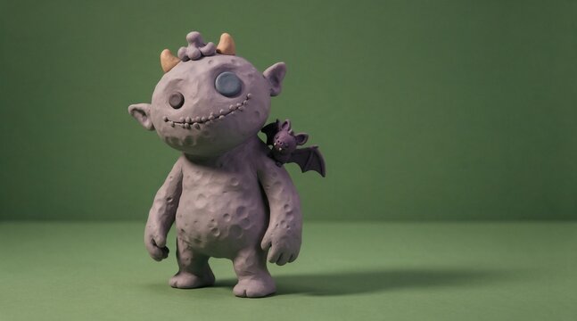 Clay monster with tiny bat Halloween illustration