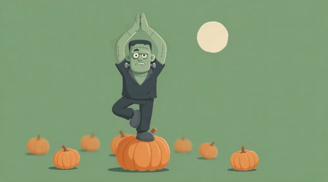 Cartoon green monster balancing in yoga tree pose on pumpkin