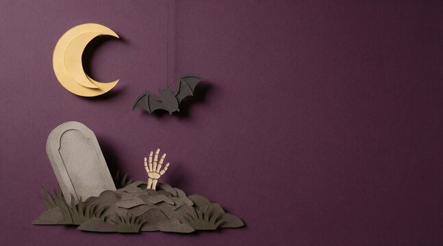 Paper cut Halloween grave with skeleton hand and hanging bat
