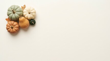 Fototapeta premium A beautiful and festive thanksgiving still life featuring a collection of miniature pumpkins in warm autumnal hues symbolizing gratitude and the harvest season
