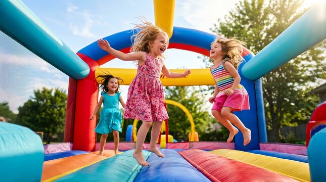 Happy kids jumping and playing on a colorful inflatable bounce house.
