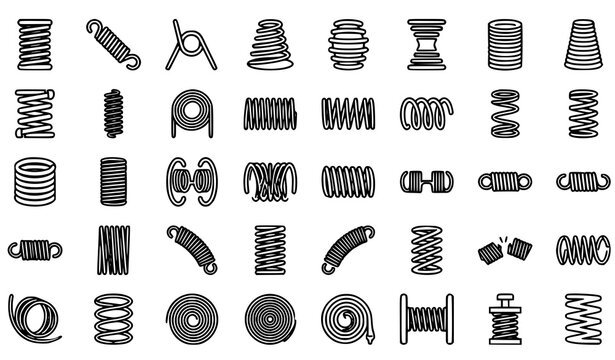 Metal Spring and Coil Icon Set, Solid Black Silhouette Icons Including Compression Spring, Spiral Wire and Suspension Coil Symbols