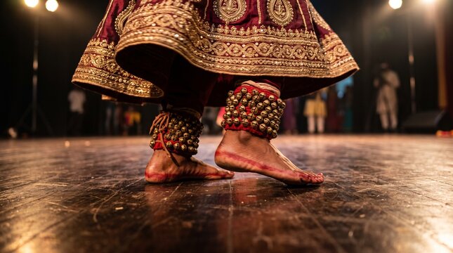 Close-up view of an Indian classical dancer's feet wearing ankle bells (ghungroo) and red alta dye on a wooden stage