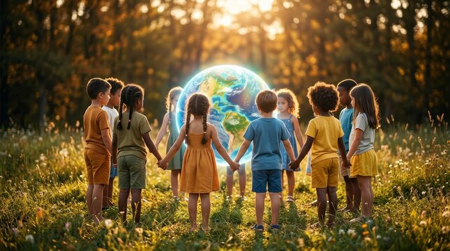 Happy children of different nationalities standing in a circle around a globe for International Children's Day.