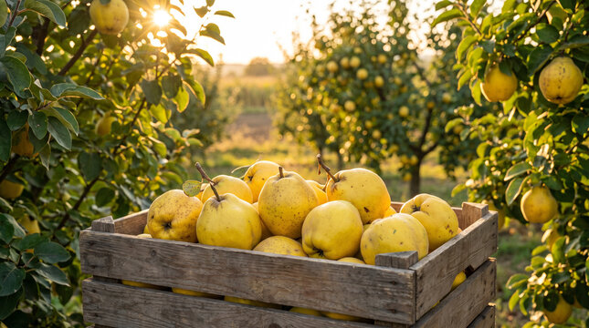 Fresh Ripe Quince in Wooden Crate in Sunlit Orchard