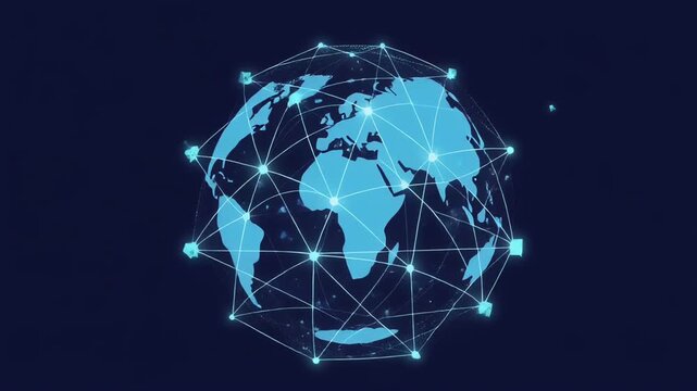Flat Vector World Globe with Digital Network Connection Lines and Glowing Nodes Animation