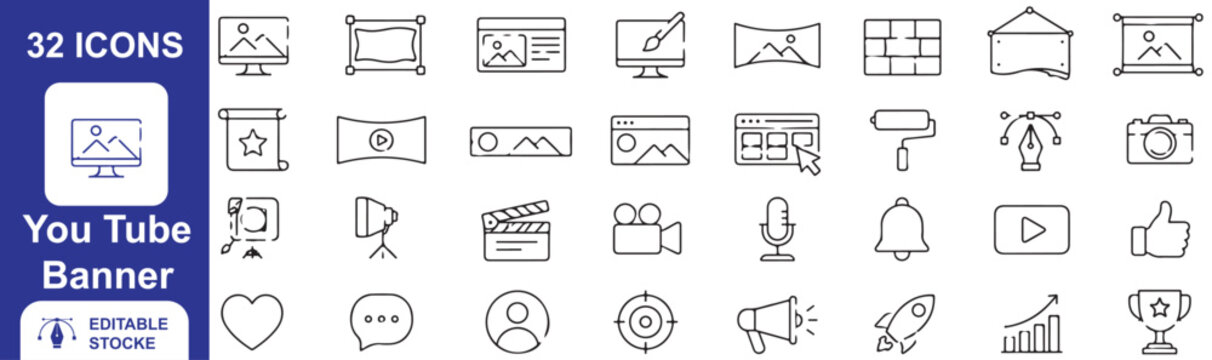 32 YouTube Banner Vector Outline Icons Set &ndash; Video Channel, Social Media, Content Creation, Streaming and Digital Marketing Line Symbols Collection