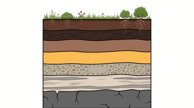 Detailed Soil Profile Cross Section Showing Underground Layers and Plant Roots