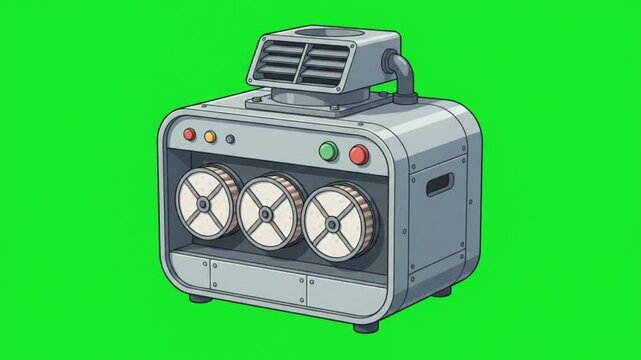Retro industrial machine with three reels and control buttons on green background