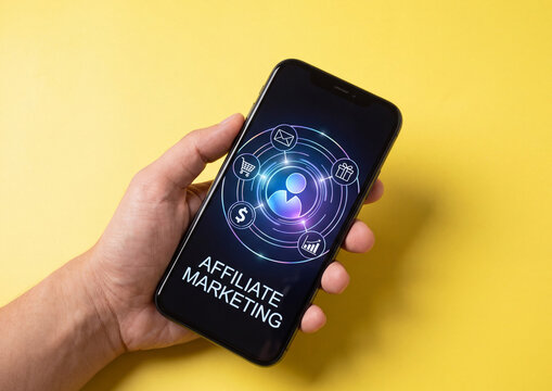 Affiliate marketing concept displayed on a modern smartphone screen held by hand against a vibrant solid yellow background studio setup