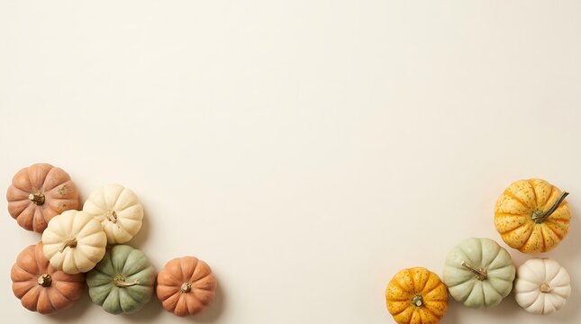 A beautiful and festive thanksgiving scene featuring a variety of colorful pumpkins arranged artfully on a clean neutral background perfect for holiday greetings