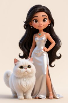 3d glamorous woman in elegant silver dress with long flowing hair standing beside a luxurious white cat on a soft beige background