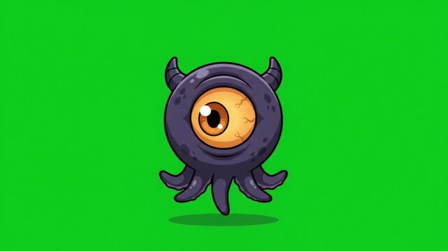 Cute cartoon monster with one eye and horns isolated on a green screen background