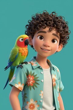 3d animated boy with curly hair and a colorful parrot on his shoulder against a vibrant teal background