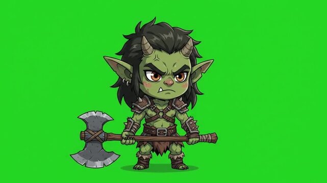 Chibi goblin warrior character holding a battle axe on a green screen background