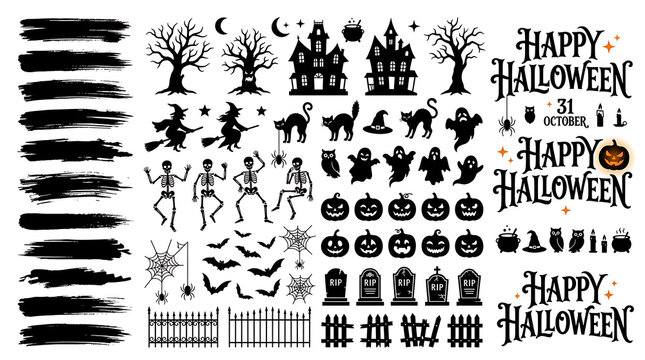 Set of black silhouette icons and design elements for seasonal holiday celebration with silhouettes with silhouettes