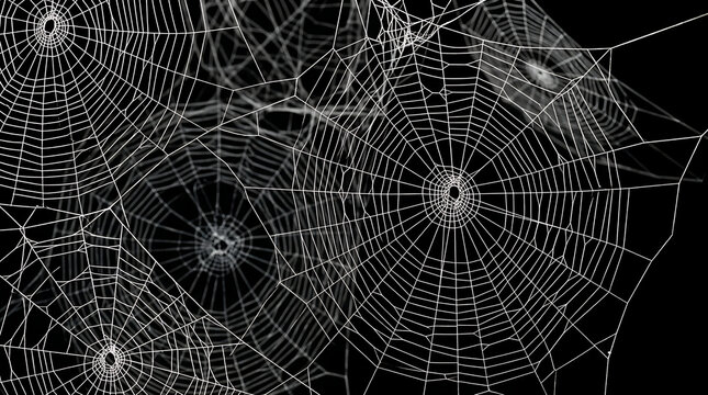 Multiple circular spider webs overlapping against a plain black background for a dark aesthetic with several intricate circular dark spooky atmosphere