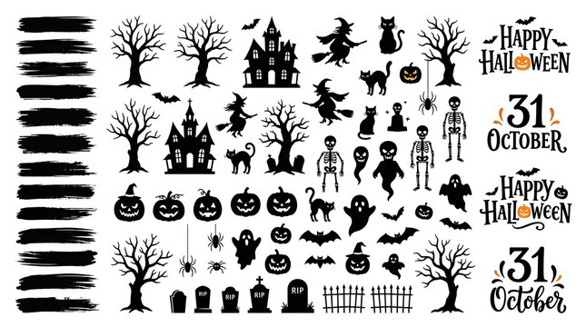 Set of black halloween holiday silhouettes including trees ghosts pumpkins and spooky icons for seasonal decorations on a white background