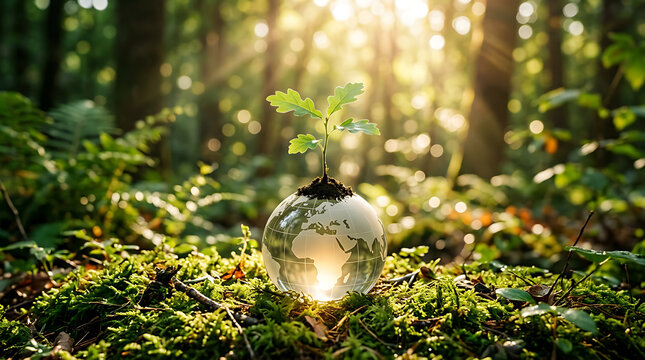 A small green seedling growing out of a glass globe resting on moss in a forest with bed moss sunlit seedling grows earth day sustainability