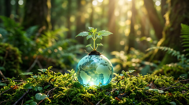 A small green plant growing on top of a glass globe in a forest setting with forest environment daytime sprouts top translucent resting mossy ground