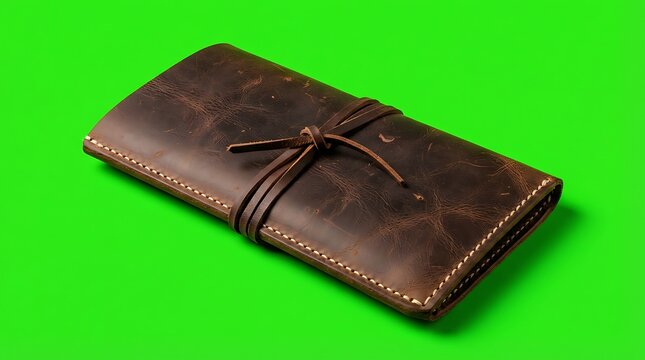Rustic handmade brown leather wallet with a simple wrap around tie closure