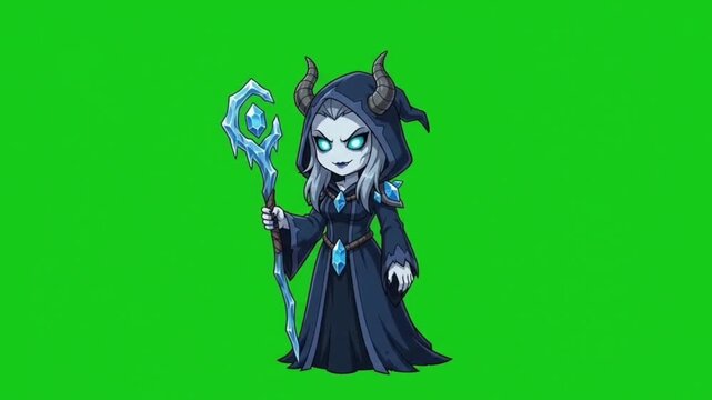 Chibi fantasy dark mage character holding an ice staff on green screen background