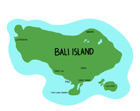 Map of Bali Island. Indonesia country. With background blue sea. Ubud, kuta, tanah lot, Uluwatu, gilimanuk, nusa penida etc.